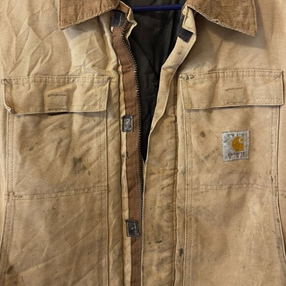 Carhartt Torn Faded Ripped Insulated Work Jacket Canvas Heavy-Duty Outerwear - Picture 9 of 13